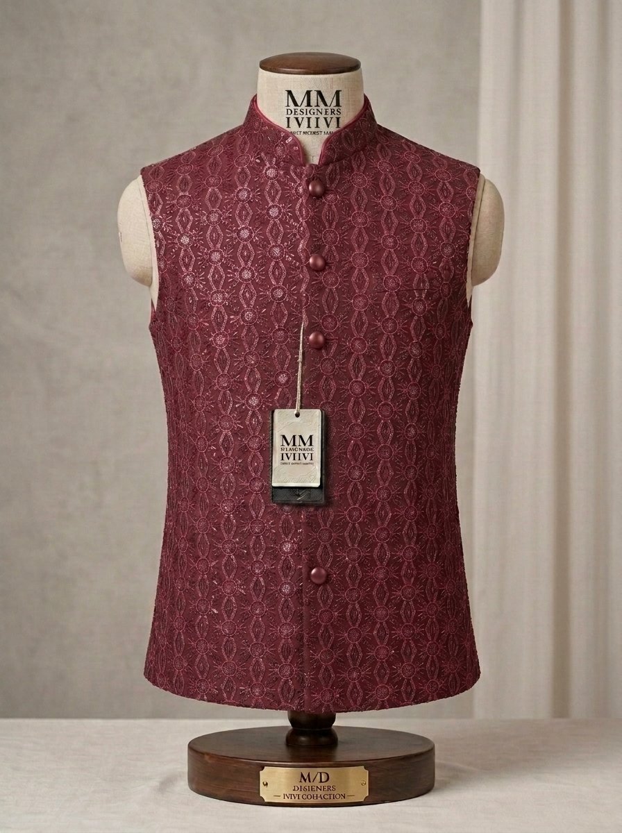 Mahroon Sequence Embroidered Waistcoat